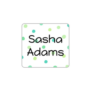 square laundry-safe clothing labels for kids in pom pom green
