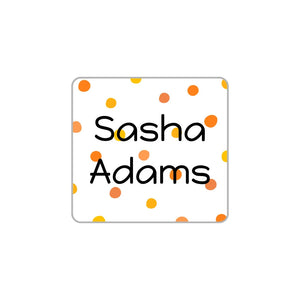 square laundry-safe clothing labels for kids in pom pom orange