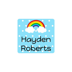 square stick-on clothing labels for kids in rainbow blue