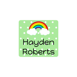 square stick-on clothing labels for kids in rainbow green
