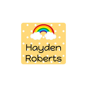square stick-on clothing labels for kids in rainbow orange