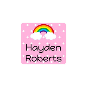 square stick-on clothing labels for kids in rainbow pink