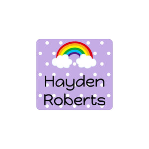 square stick-on clothing labels for kids in rainbow purple
