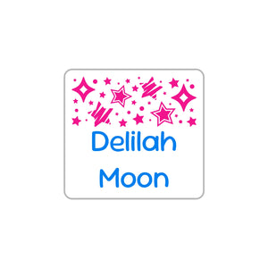 square clothing labels stars pink blue