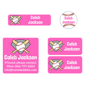 sports name labels pack for kids baseball pink