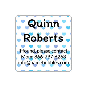 name and contact labels for kids in hearts blue