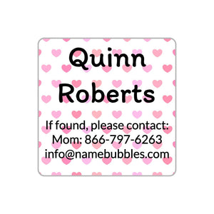 name and contact labels for kids in hearts pink