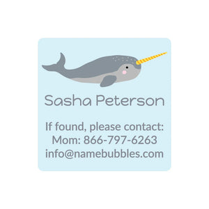 contact name labels for kids in narwhal light blue