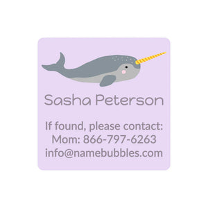 contact name labels for kids in narwhal light purple