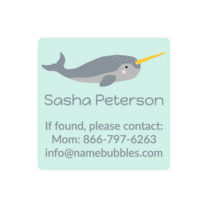 contact name labels for kids in narwhal seafoam green