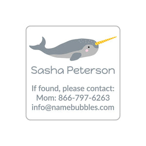 contact name labels for kids in narwhal white