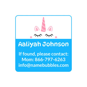 contact name labels for kids unicorn blue