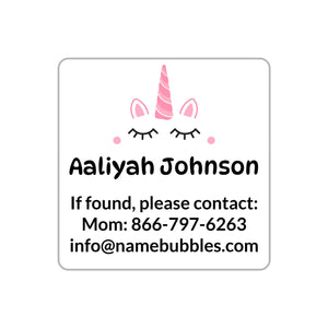 contact name labels for kids unicorn white