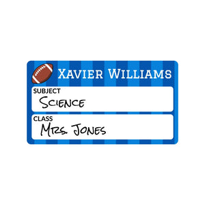 subject and class write-on labels for kids in football blue