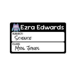 school subject write-on labels for kids in monsters black