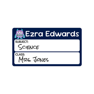 school subject write-on labels for kids in monsters dark blue