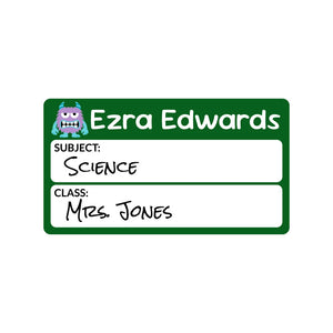 school subject write-on labels for kids in monsters dark green