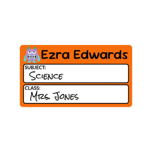 school subject write-on labels for kids in monsters orange