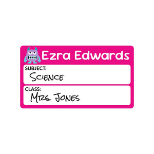 school subject write-on labels for kids in monsters pink