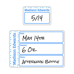baby bottle date write-on labels dots beluga blue