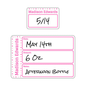baby bottle date write-on labels dots powderpuff pink