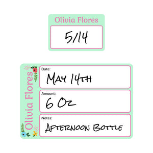 baby bottle date write-on labels floral pink