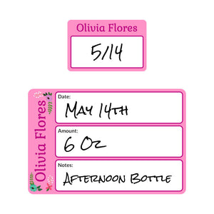 baby bottle date write-on labels floral pink