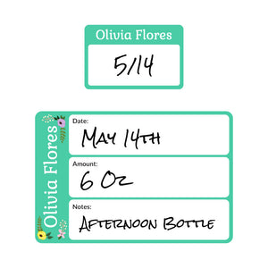 baby bottle date write-on labels floral turquoise