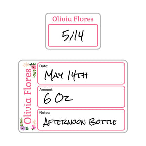 baby bottle date write-on labels floral white