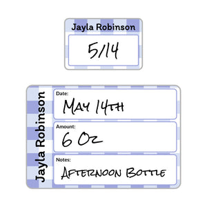 baby bottle date write-on labels gingham periwinkle