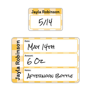 baby bottle date write-on labels gingham yellow