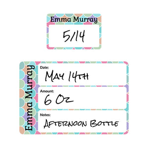baby bottle date write-on labels mermaid pattern rainbow