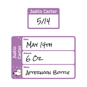 baby bottle date write-on labels penguins lavender