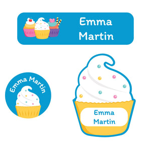 waterproof name stickers with three cupcakes on blue background design