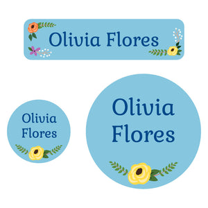 baby labels pack floral blue