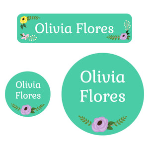 baby labels pack floral turquoise