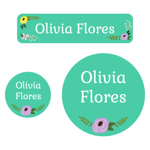 baby labels pack floral turquoise