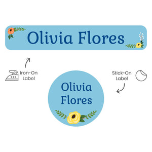 camp clothing labels pack floral blue