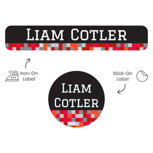 camp clothing labels pack pixels red gray
