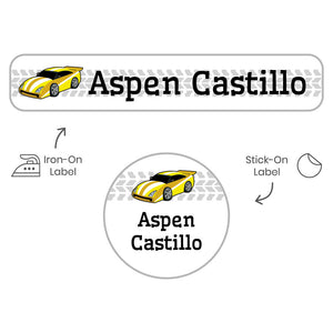 race car yellow camp clothing labels pack