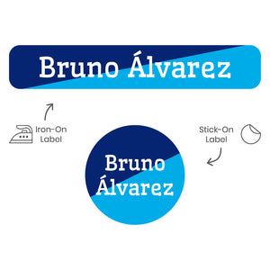 two-tone navy blue bright blue camp clothing labels pack