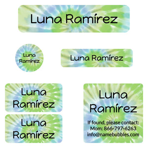 Tie-dye green camp labels pack in use