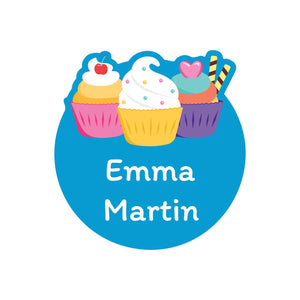 round waterproof stickers with a trio of cupcakes on blue background design