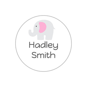 elephant white baby pink circle name labels