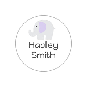 elephant white baby purple circle name labels