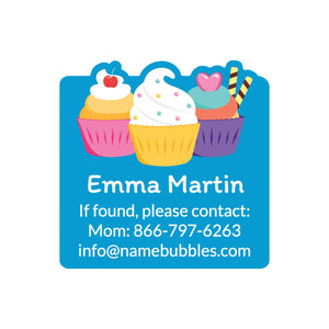 dishwasher safe square contact labels with a trio of cupcakes on blue background design