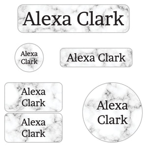 kids waterproof labels with white marble background