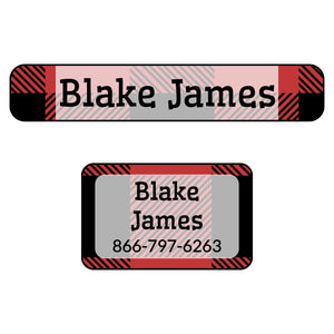 iron-on labels of various shapes and sizes with plaid design