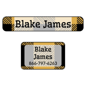 iron-on labels of various shapes and sizes with plaid design