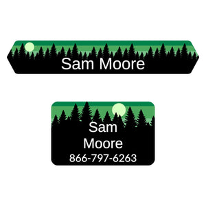 iron-on labels of various shapes and sizes with forest silhouette and sky design